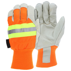 Nouveaux gants de travail utilitaires à doigts complets en cuir gris avec poignets textiles, logo personnalisé, fabricant, haute visibilité, orange - Product Image 1