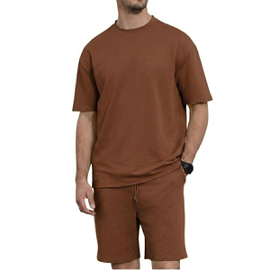 Customized Two Piece Short Set Men's 2 Piece Outfits Short Sleeve Crew Neck Summer <b>T</b> Shirt and Drawstring Casual <b>Track</b> Shorts - Product Image 5