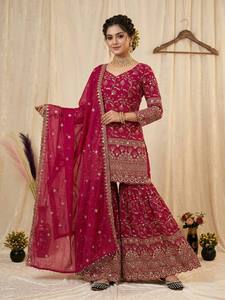 Zeel Fashion Mono Morado de Diseñador con Bordado Intenso para Fiesta, Top-Sharara y Dupatta, Talla S, 950g, para Ocasiones Especiales - Product Image 5