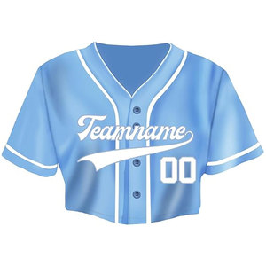 Crop top de baseball personnalisé bleu pour femme, maillot à manches courtes et col en V avec nom et numéro d'équipe personnalisés, impression premium anti-décoloration - Product Image 1