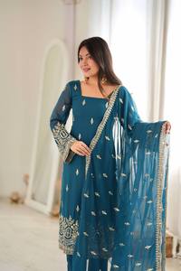 Women's Traditional <b>Indian</b> Pakistani Ankle-Length <b>Kurta</b> Set With Embroidered Dupatta And Pants Regular Fit Casual Wear - Product Image 5