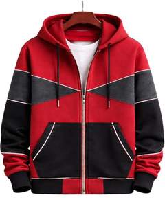Sweat à capuche zippé personnalisé pour homme, rouge et noir contrastés, en molleton de coton, style streetwear décontracté, veste d'hiver, fabricant sur mesure - Product Image 1