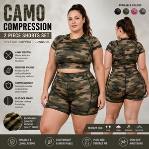 Ensemble de sport 2 pièces camouflage pour femme, grande taille, avec haut court à manches courtes et short de yoga - Product Image 1