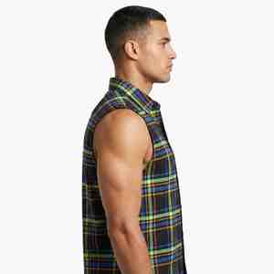 Camisa de Franela a Cuadros sin Mangas para Hombre, Textura Sólida Personalizada, con Botones, Estilo Casual de Verano, con Bolsillo, Camisa de Algodón para Hombre al por Mayor - Product Image 3