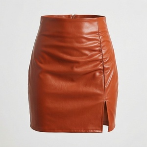 Minifalda de Cintura Alta para Mujer, de Piel Sintética, con Abertura Lateral, Color Sólido Brillante, Diseño Sexy, para Todas las Temporadas - Product Image 1