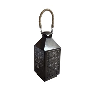 Farol de metal verde con forma de pirámide, panel de ventana con listones, asa en forma de arco, marco cuadrado de hierro, centro de mesa decorativo - Product Image 5