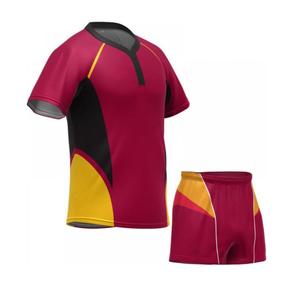 ชุดเสื้อเจอร์ซีย์แบบซับลิเมชั่นสำหรับผู้ชาย สีแดงเลือดหมู ดำ เหลือง บล็อกสี แขนสั้น ระบายเหงื่อได้ดี ทรงสปอร์ต - Product Image 1