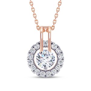 Collier pendentif en or rose avec diamant rond taille brillant et halo, chaîne classique pour femme, bijoux de fiançailles - Product Image 1