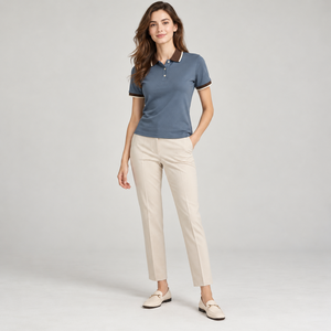 Polo de Algodón Azul para Mujer con Ribete Marrón, Manga Corta, Estilo Casual, Corte Regular, Tela Oxford Transpirable - Product Image 1