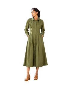 Robe chemise plissée vert olive pour femme |   Robe midi décontractée à manches longues et col, en mélange de coton, style A-line, pour le travail ou les loisirs - Product Image 1