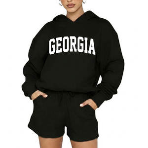 Ensemble de survêtement décontracté 2 pièces en coton éponge de couleur unie pour femme, avec sweat à capuche long, respirant, écologique, séchage rapide, brodé - Product Image 3