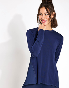 Lightweight Women's Navy Blue Crew Neck Long Sleeve Yoga <b>Top</b> Open <b>Back</b> Breathable Stretch Solid Color Skinny <b>Low</b> Cost - Product Image 1