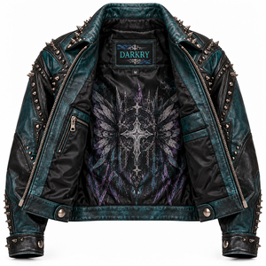 Dark Teal Leather <b>Jacket</b> <b>Womens</b> Gothic Angel Graphic Spike Stud Collar Zip Pocket Biker Coat Custom OEM ODM Offer Provider - Product Image 5