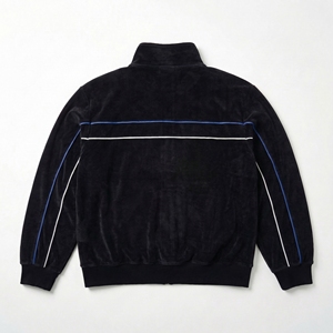 Black Velvet Blue White Stripe Track Jacket| Stand Collar Zip Up Velour Bomber |Retro Streetwear Jacket| Custom OEM Manufacturer - Product Image 2
