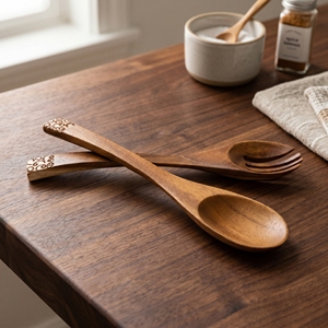 Utensilios de Cocina de Madera de Suar de Grado Alimenticio con Incrustaciones de Canela Blanca, Color Marrón Claro, Hermosos Utensilios para Servir y Cocinar, Cucharas Nuevas - Product Image 2