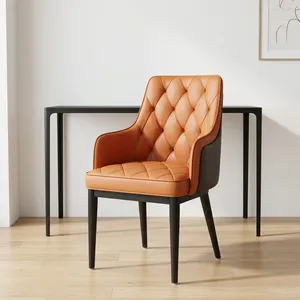 Luxury Modern Leather Restaurant <b>Dining</b> <b>Chair</b> with Tufted Backrest and <b>Black</b> Metal Legs for Home Hotel Bar and Villa Use - Product Image 5