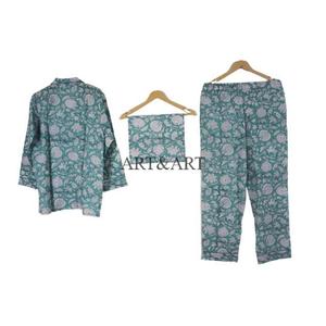 Ensemble de pyjama pour femmes en coton imprimé numérique à fleurs, 100% coton, taille élastique, manches longues, style vintage, fabrication artisanale indienne - Product Image 3
