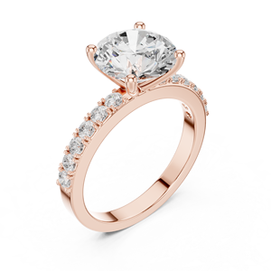Bague de fiançailles et de mariage pour femme en or rose, solitaire rond brillant avec bande pavée de diamants - Product Image 4