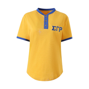 Camisa Henley Premium SGRho Gold Royal Blue de Manga Corta con Botones, Estilo Casual Universitario de Béisbol con Letras Griegas - Product Image 1