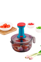 Hachoir alimentaire semi-automatique portable en PP avec bol transparent, poignée bleue et rouge, lames en acier inoxydable, compatible lave-vaisselle, pour ail