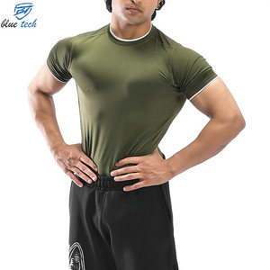 T-shirt de compression vert olive pour homme, manches courtes, séchage rapide, vêtements de sport, col rond, tricot uni, haut de sport - Product Image 3
