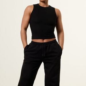 Women Black Knitted Turtleneck <b>Crop</b> Tank <b>Top</b> Casual Breathable Solid Color Spandex Polyester Workout Wear - Product Image 3