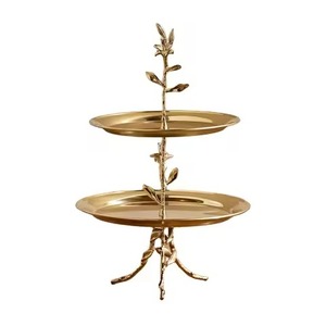 Elegant Off-White 2 Tier <b>Cake</b> Stand Gold Sculpted Branch Handle Butterfly <b>Flower</b> Top Accent <b>Decorative</b> Metal <b>Cake</b> Stand - Product Image 6