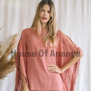 Poncho Rosa de Algodón Crudo para Mujer, Top Bohemio, Túnica Fluida para Festival, Estilo Hippie Gitano, Hombros Descubiertos, Ropa de Verano, Túnica Ligera de Algodón - Product Image 3