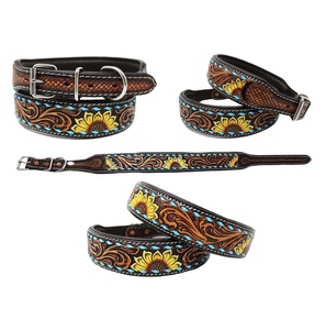 Leather Soft <b>Padded</b> Sunflower Hand Tooled Dog Collar With Hand Painting Pet Collar Cat Collar Top Supplier Manufacturer - Product Image 3