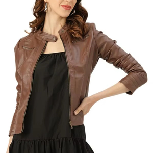 Chaqueta Corta de Cuero para Mujer, Color Vino Tinto, Nueva Colección, Chaqueta de Cuero Corta para Mujer - Product Image 1