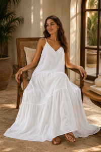 Vestido Midi de Verano para Mujer, Blanco, Cuello en V, Tirantes Finos, Estilo Bohemio, de Algodón Ecológico, Vintage, para la Playa - Product Image 4