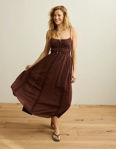 Robe midi décontractée sans manches pour femme, couleur marron cacao, coupe trapèze élégante, en coton respirant, légère pour l'été - Product Image 1