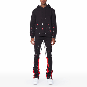 Ensemble de survêtement streetwear pour homme, personnalisable, noir et rouge, en polaire polyester à séchage rapide, avec sweat à capuche et pantalon long à cordon de serrage - Product Image 1