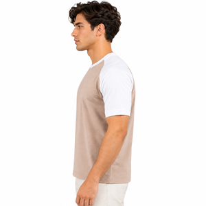 T-shirt décontracté pour homme, beige et blanc, à manches courtes raglan, col rond, bicolore, 100 % coton, personnalisable OEM, vente en gros, séchage rapide, respirant - Product Image 3