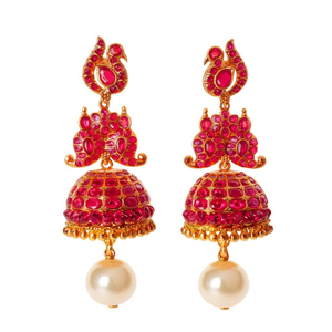 Ruby Kemp Gold Plated Peacock Jhumka Drop Earrings with Zircon and Pearl - Product Image 2
