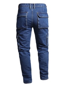 Jeans Denim biru pria reguler Fit agak ringan, desain kaki lurus multi-saku saku saku samping katun dapat dicuci - Product Image 3