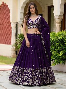 Women's <b>Sequins</b> and Thread Embroidered Work Georgette Lehenga Choli With Dupatta (6015-Purple-Women-Lehenga-Choli-Latest - Product Image 2