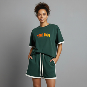 Conjunto de 2 Piezas para Mujer, Estilo Urbano, Holgado, con Hombros Caídos, 100% Algodón, Color Sólido, Personalizado, de Primera Calidad - Product Image 1