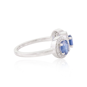 14K Solid Gold Blue Sapphire <b>Diamond</b> Three Stone Halo Wedding <b>Ring</b> - Product Image 6