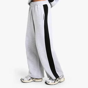 Unique Design Grey Women's Petite Side Stripe Tape Wide Leg Joggers Terry Fleece Soft Touch Sweatpants Women's Pants And <b>Trouser</b> - Product Image 1
