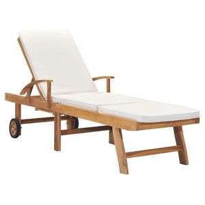 Chaise longue réglable en teck massif couleur crème avec repose-pieds - Product Image 1