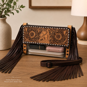 Western Tooled Leather Fringe <b>Clear</b> PVC Shoulder <b>Bag</b> with Horse Design Adjustable Crossbody Strap Handmade Cowboy Western Purse - Product Image 4
