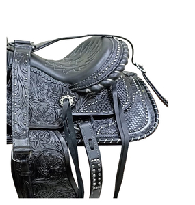 Selle de cheval Western en cuir noir, sculptée à la main avec motifs floraux, siège confortable et souple, arbre en plastique de 10 à 18 pouces avec kit de harnais LLT - Product Image 2
