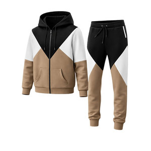 Ensemble de survêtement pour homme, couleur beige et noir, sweat à capuche zippé et pantalon de jogging, tenue décontractée streetwear, gym, fitness, course à pied - Product Image 1