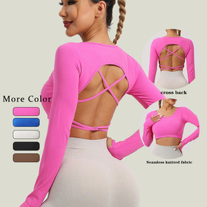 ชุดออกกำลังกายผู้หญิง เสื้อโยคะสีพื้นไร้ตะเข็บ แขนยาว เสื้อครอปออกกำลังกาย แห้งเร็ว ระบายอากาศ ชุดโยคะ - Product Image 2