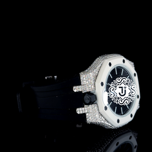 Montre de luxe pour homme, cadran blanc, bracelet noir, lunette en argent avec strass, diamants Moissanite VVS, montre personnalisée - Product Image 3