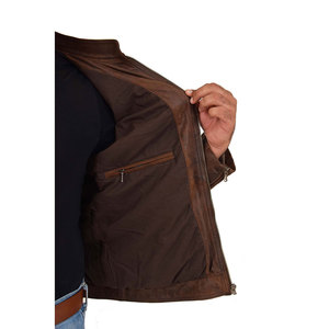Chaqueta de cuero con forro de viscosa acolchado, cremallera, color marrón, logotipo personalizado al por mayor, chaqueta de cuero auténtico a prueba de viento, chaqueta descolorida para hombre - Product Image 2