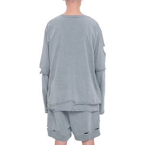 New Streetwear Thick 100% Cotton Oversized Distressed <b>Sweatshirts</b>+Short Set Summer Sporty Printed Tall <b>Long</b> Sleeve Custom Design - Product Image 5