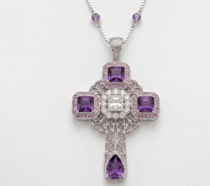 Purple Zircon Cross Pendant <b>Necklace</b> <b>Silver</b> Tone Filigree Chain Religious Jewelry for Women - Product Image 4