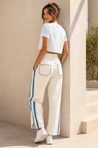 <b>White</b> Cropped T-Shirt With Blue Stripe Sweatpants <b>Elastic</b> <b>Waist</b> Drawstring Casual Loose Fit Joggers Summer Wear - Product Image 4
